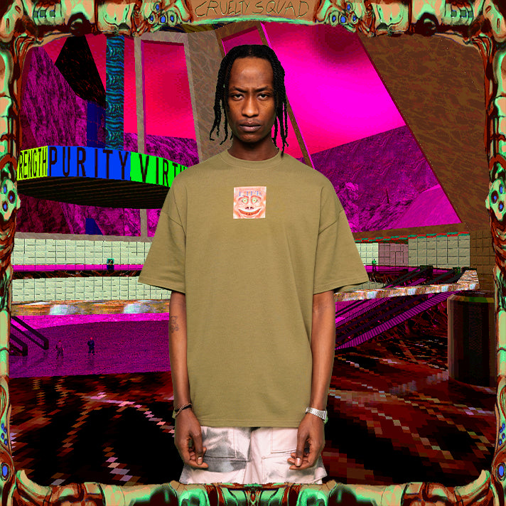 Model wearing kaki oversize t-shirt with LIFE print on chest from Cruelty Squad